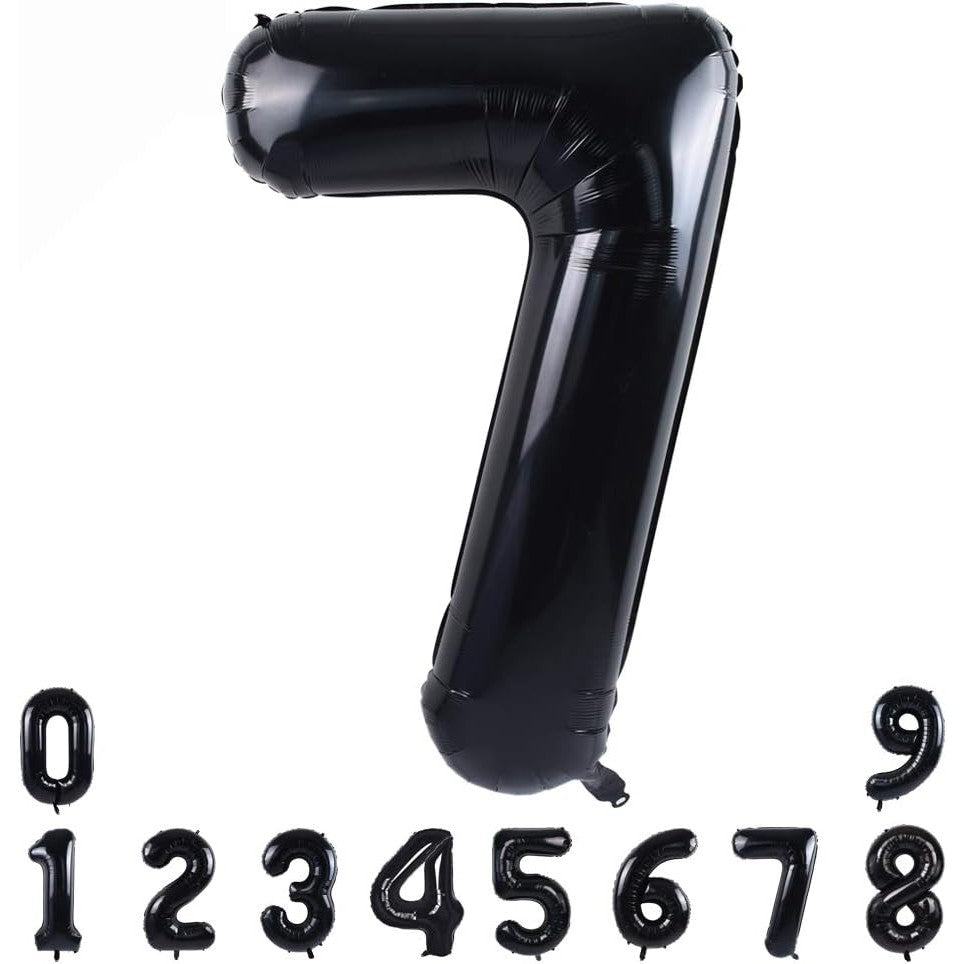 Balon Aniversar Cifra 7, Figurina din Folie Metalizata, Umflare Aer sau Heliu, Inaltime 80 cm, Pai Inclus, Negru