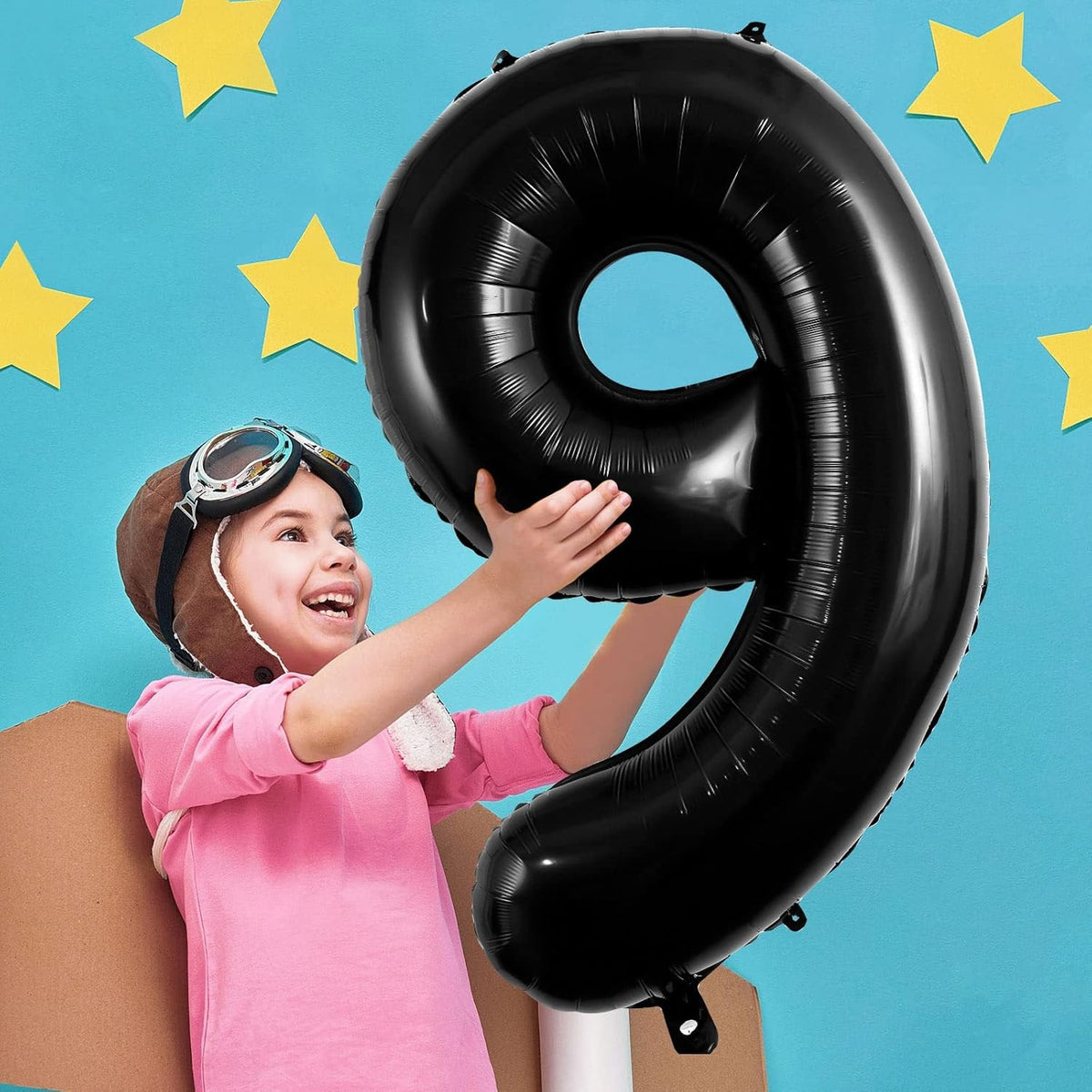 Balon Aniversar Cifra 9, Figurina din Folie Metalizata, Umflare Aer sau Heliu, Include Pai, Negru, 80 cm