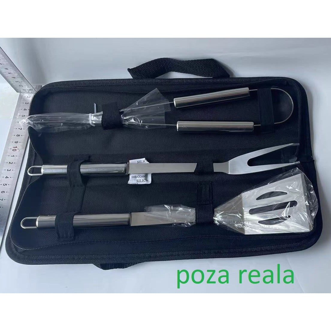 Set Ustensile Pentru Gratar Cu Paleta, Cleste Si Furculita, Otel Inoxidabil, Manere Ergonomice, Geanta Transport Oxford, 3 Piese, Argintiu