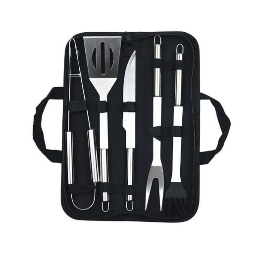 Set Ustensile Pentru Gratar Cu Manere Ergonomice, Accesorii BBQ Din Otel Inoxidabil, Geanta Depozitare Oxford, Argintiu, 5 Piese