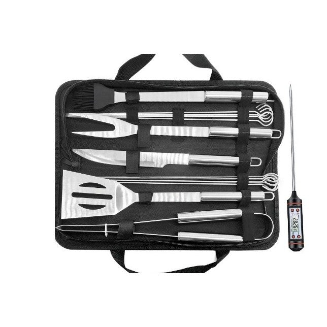 Set Ustensile pentru Gratar cu Termometru Digital si Manere Ergonomice, Otel Inoxidabil, Geanta Depozitare Oxford, 14 Piese, Argintiu