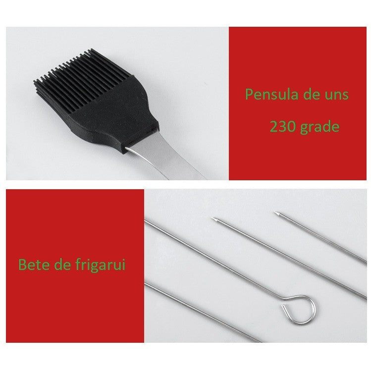 Set Ustensile Pentru Gratar Cu Manere Ergonomice, Otel Inoxidabil Rezistent La Coroziune, Geanta Depozitare Oxford, Argintiu, 18 Piese