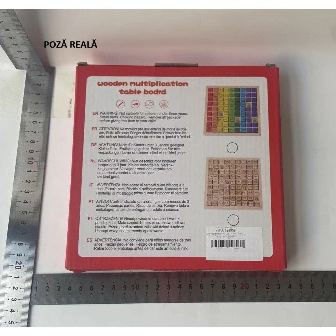 Joc Montessori Tabla Inmultirii, Jucarie Educationala cu 81 Blocuri Fata-Verso, Tabel Multiplicare 9x9, Lemn Natural, Multicolor, 18x18x1.5 cm