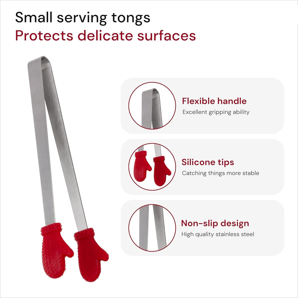 Cleste Bucatarie pentru Servire Alimente, Model Creativ Manusi, Silicon Termorezistent si Inox, 14.5x3 cm, Rosu