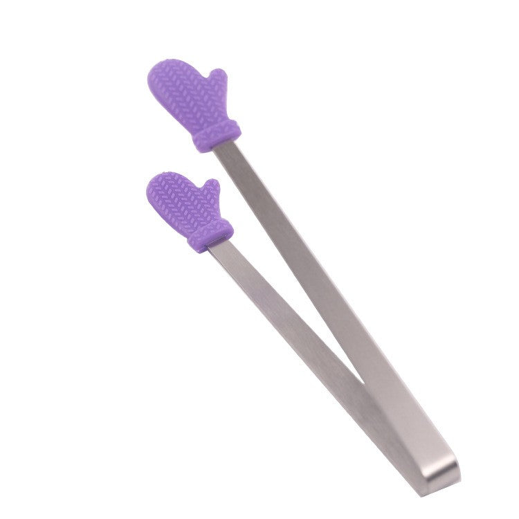 Clește pentru Servire Mâncare, Model Creativ Mănuși, Oțel Inoxidabil și Silicon, Rezistent la Căldură, 14.5x3 cm, Mov