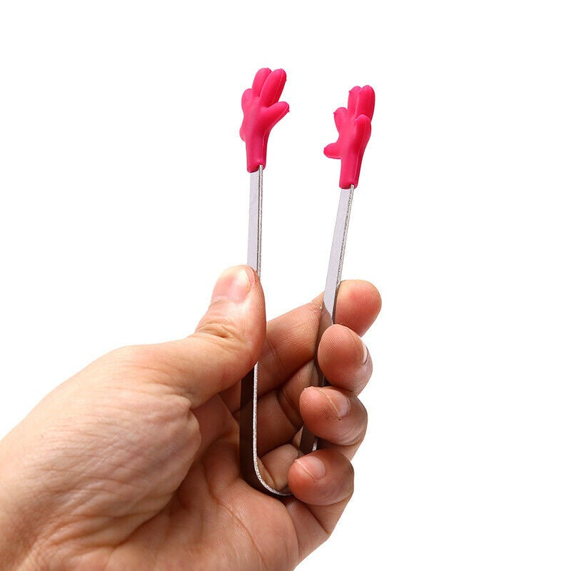 Cleste pentru Mancare si Servire, Model Manute, Silicon Termorezistent si Inox, Maner Ergonomic, 14.5x3 cm, Rosu