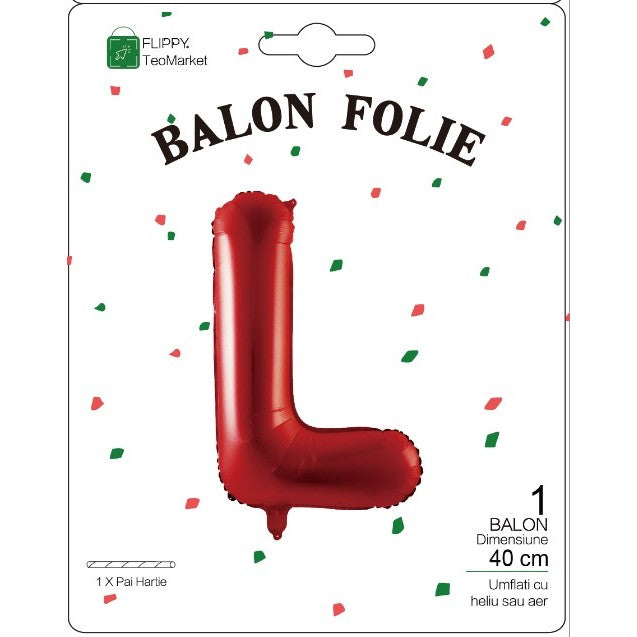 Balon Folie Metalizata Litera L, Decoratiuni Petrecere Aniversara, Compatibil Aer sau Heliu, Aluminiu, Inclus Pai Umflare, 40 cm, Rosu