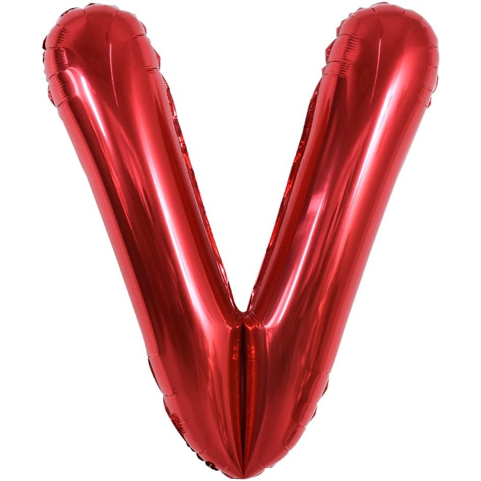 Balon Folie Metalizata Litera V, Decoratiune Petrecere Aniversara, Compatibil Heliu sau Aer, Include Pai Umflare, Rosu, 40 cm
