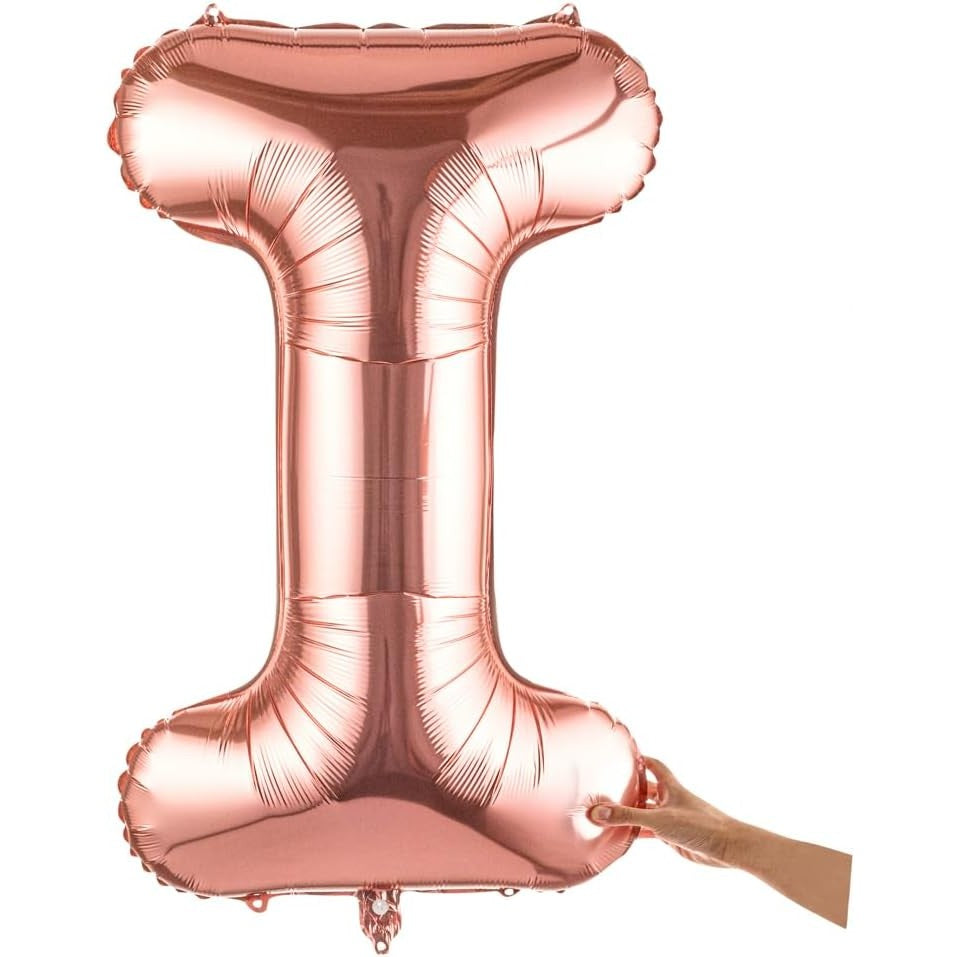 Balon Folie Metalizata Litera I, Dimensiune Mare 100 cm, Umflare cu Heliu sau Aer, Material Rezistent, Include Pai Umflare, Rose Gold