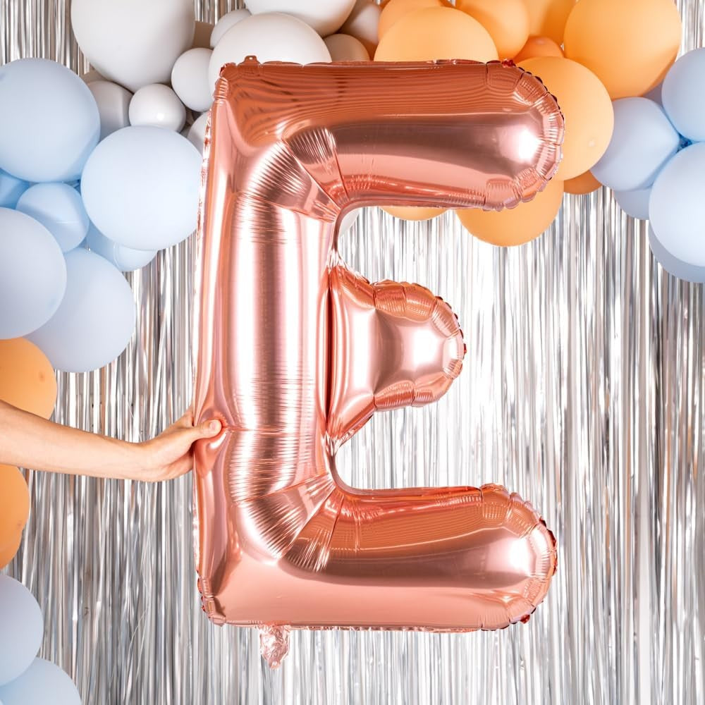 Balon Folie Metalizata Litera E, Umflare cu Heliu sau Aer, Aluminiu Rezistent, Set cu Pai Inclus, Rose Gold, 100 cm