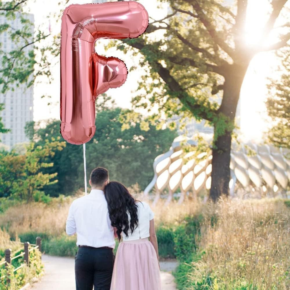 Balon Folie Metalizata Litera F, Decoratiune Petrecere Umflata cu Heliu sau Aer, Aluminiu, Inclus Pai de Umflare, 100 cm, Rose Gold