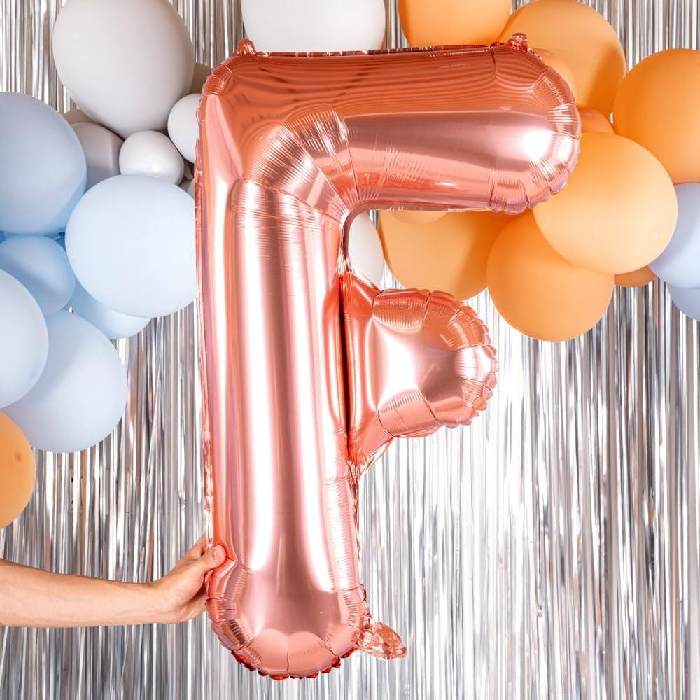 Balon Folie Metalizata Litera F, Decoratiune Petrecere Umflata cu Heliu sau Aer, Aluminiu, Inclus Pai de Umflare, 100 cm, Rose Gold