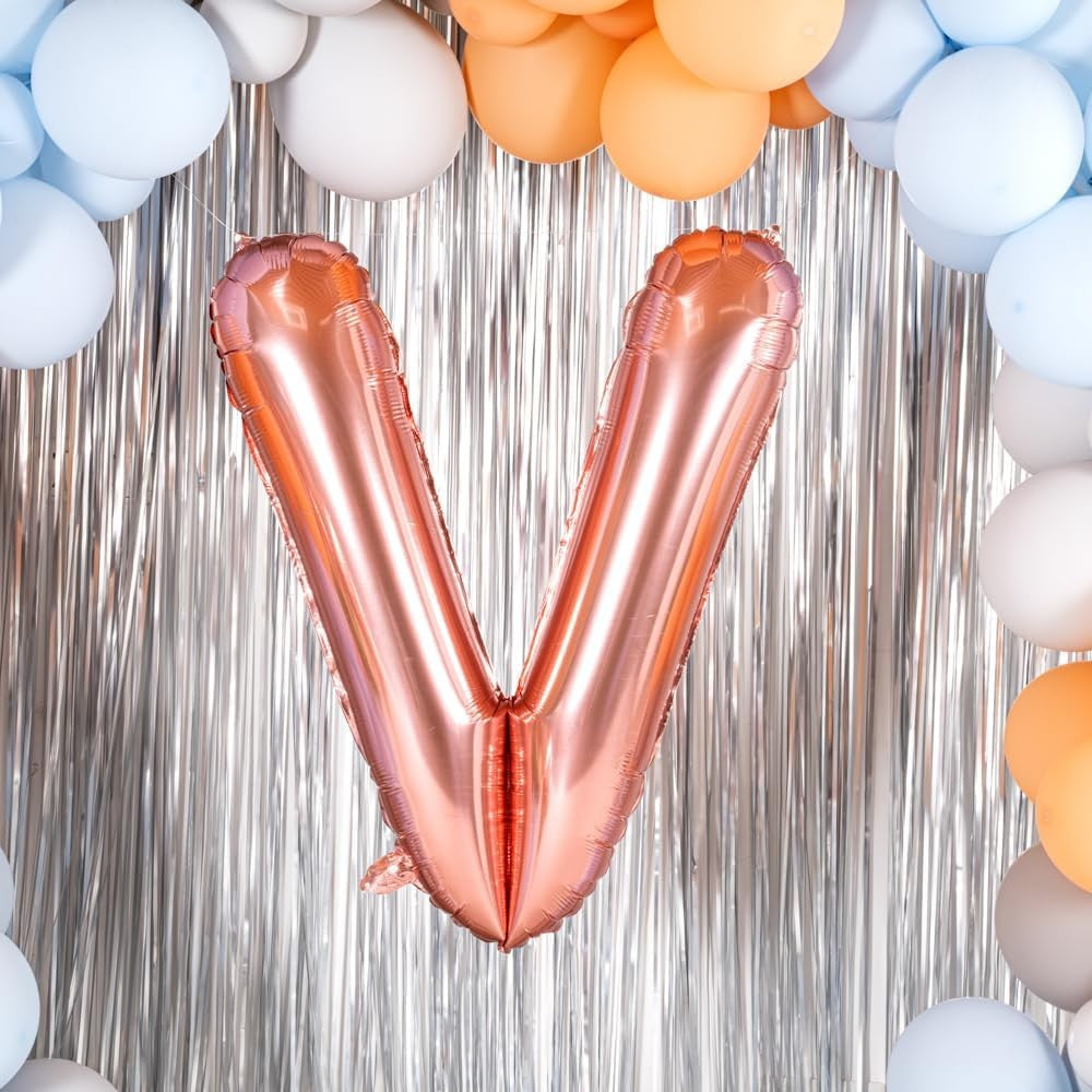 Balon Folie Metalizata Litera V, Model Gigant Pentru Heliu Sau Aer, Aluminiu Rezistent, Include Pai Umflare, 100 cm, Rose Gold