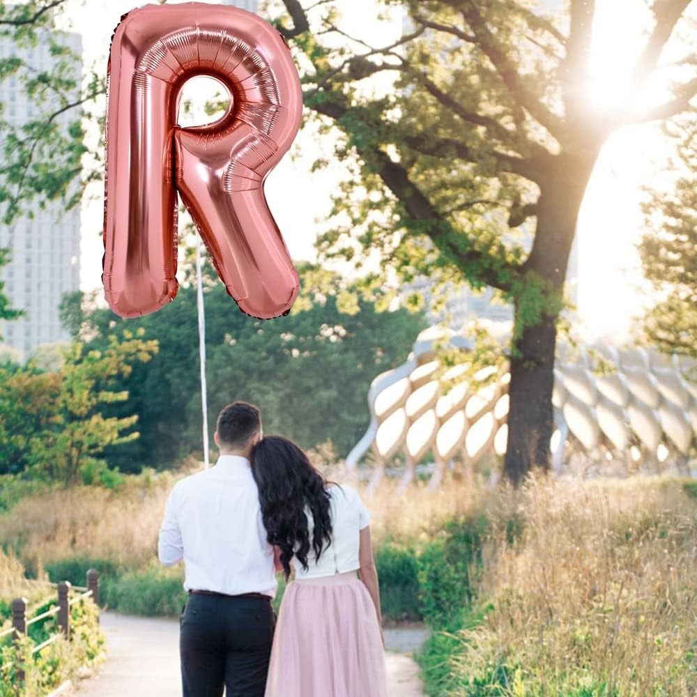 Balon Folie Metalizata Litera R, Umflare Heliu sau Aer, Include Pai pentru Umflare, Material Aluminiu Rezistent, Inaltime 100 cm, Rose Gold