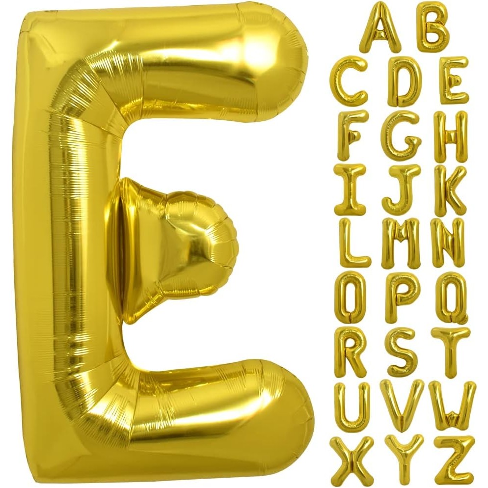 Balon Folie Metalizata Litera E, Umflare Heliu sau Aer, Material Rezistent, Accesorii Incluse, Auriu, 80 cm