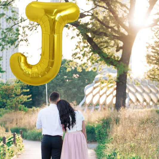 Balon Folie Metalizata Litera J, Umflare Heliu sau Aer, Decoratiuni Petrecere cu Pai Inclus, Aluminiu, 80 cm, Auriu
