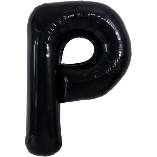 Balon Folie Metalizata Litera P, Decoratiune Petrecere Aniversara, Umflare Heliu sau Aer, Include Pai, Negru, 40 cm