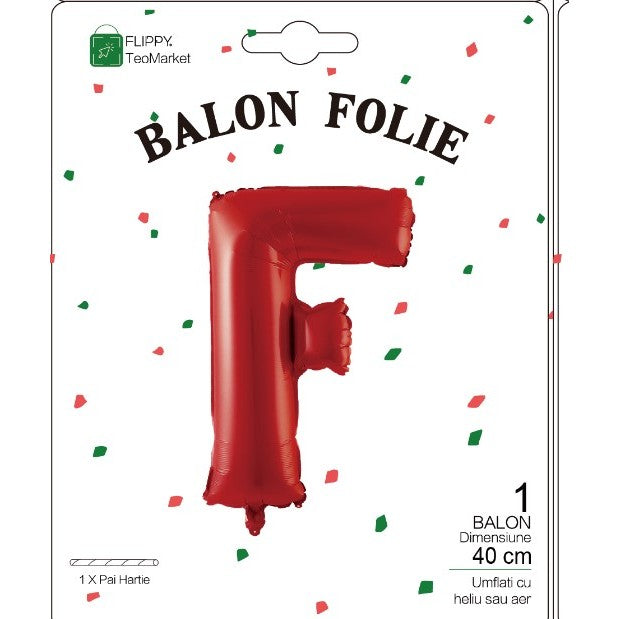 Balon Folie Metalizata Litera F, Decoratiune Petrecere Aniversara, Aluminiu Rezistent, Umflare Heliu sau Aer, Pai Inclus, 40 cm, Rosu