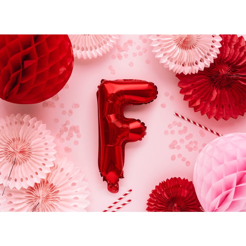 Balon Folie Metalizata Litera F, Decoratiune Petrecere Aniversara, Aluminiu Rezistent, Umflare Heliu sau Aer, Pai Inclus, 40 cm, Rosu