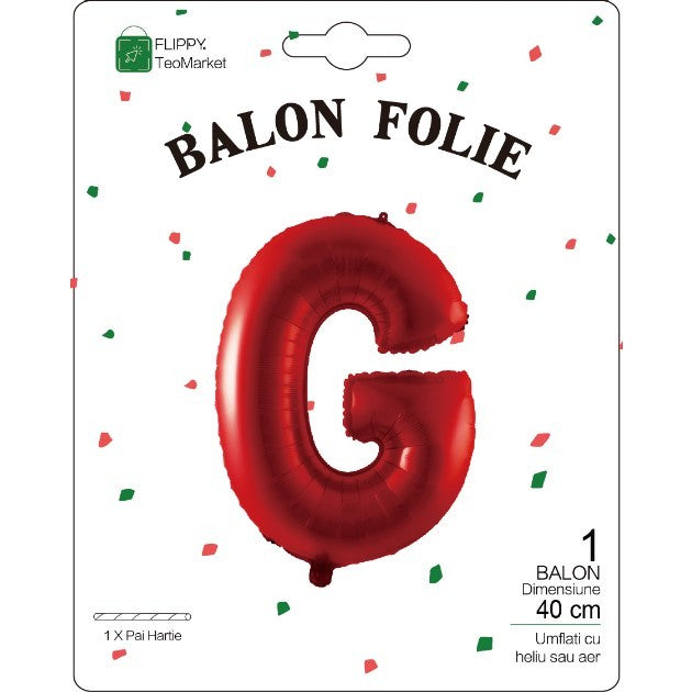 Balon Litera G din Folie Metalizata, Decoratiune Petrecere Aniversara, Aluminiu, Rezistent la Heliu sau Aer, Include Pai de Umflare, 40 cm, Rosu
