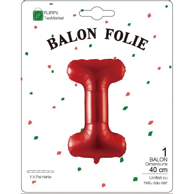 Balon Folie Metalizata Litera I, Configurabil cu Aer sau Heliu, Auto-Sigilare, Pai Inclus, Aluminiu, 40 cm, Rosu