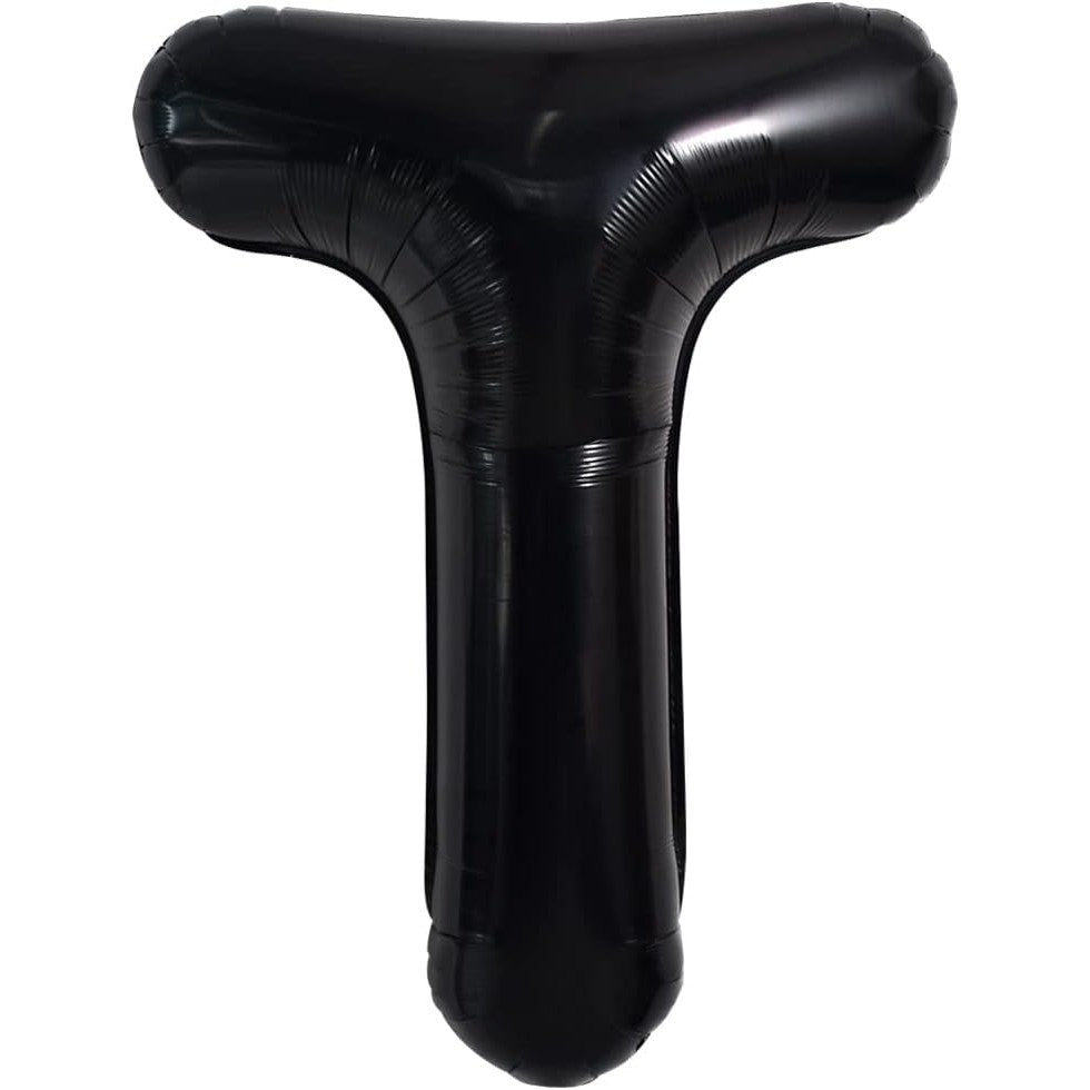 Balon Folie Metalizata Litera T, Umflare Heliu sau Aer, Aluminiu Rezistent, Pai Inclus, 40 cm, Negru