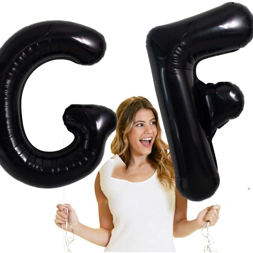 Balon Folie Metalizata Litera F, Balon Aniversar pentru Aer sau Heliu, Folie Aluminiu, Pai Inclus, 40 cm, Negru