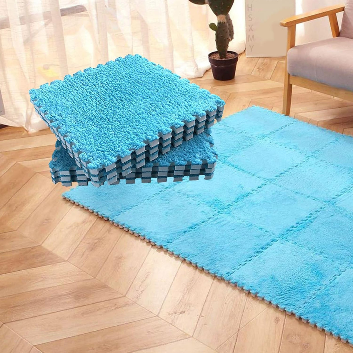 Covor Puzzle Din Spumă EVA, Suprafață Moale Și Pufoasă, Protecție Pardoseală Cameră Copii, Set 10 Piese, 30 x 30 x 1 cm, Albastru
