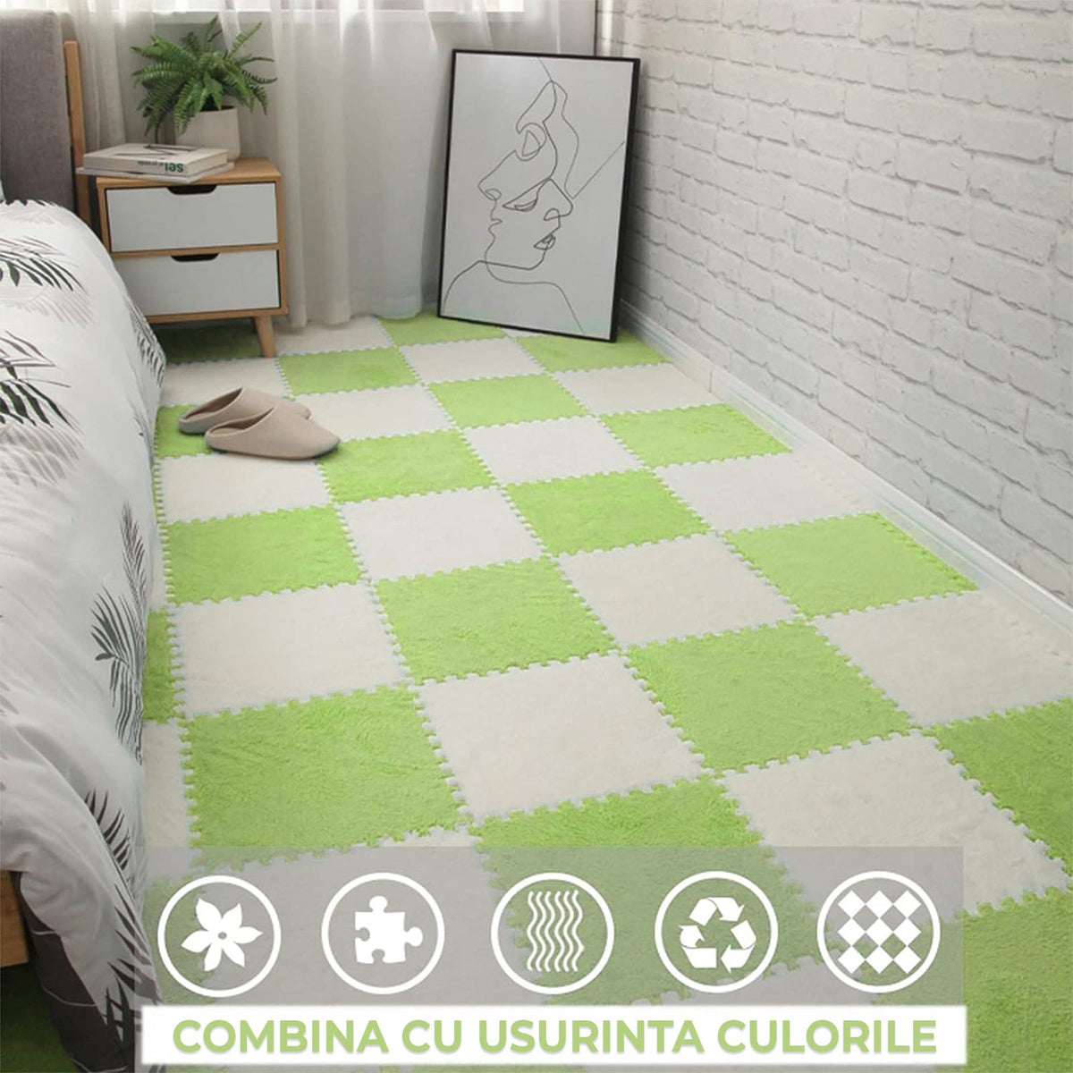 Covor Tip Puzzle Din Spumă EVA, Suprafață Moale Și Pufoasă, Protecție Pardoseală Și Izolare Termică, Set 10 Piese, 30 x 30 x 1 cm, Verde