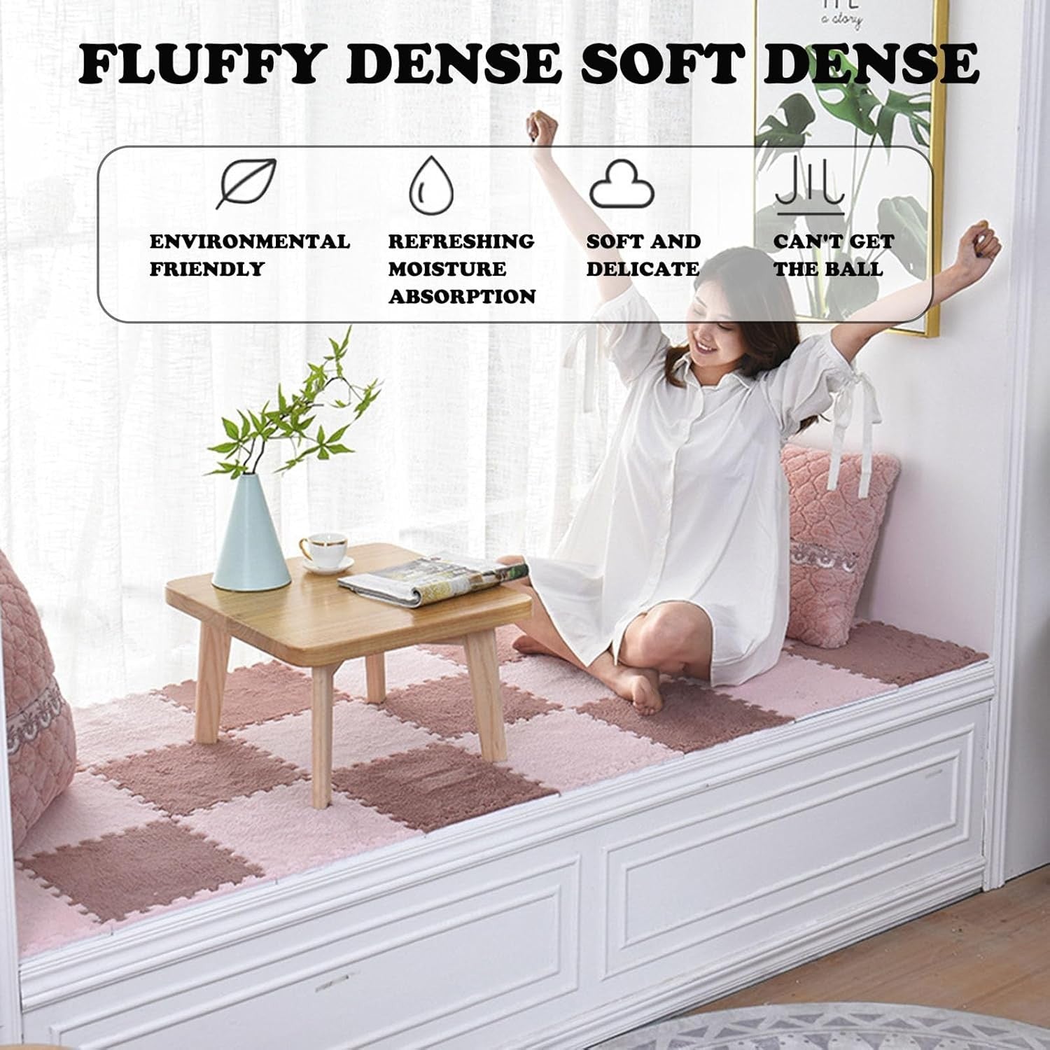 Covor Tip Puzzle, Set 10 Piese din Spuma EVA, Suprafata Moale si Pufoasa, Protectie Podea pentru Copii si Camera de Joaca, 30 x 30 x 1 cm, Roz Pudrat