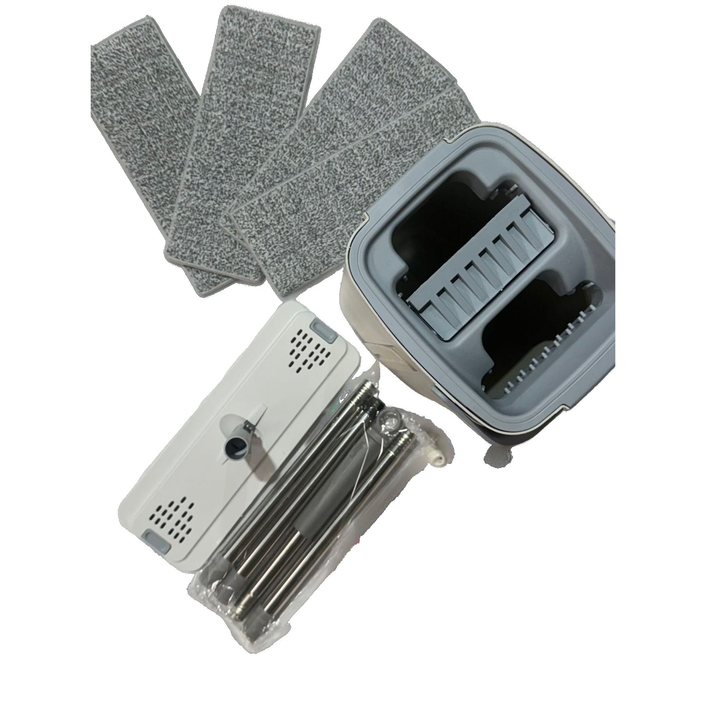 Set de Curatenie cu Mop Plat si Galeata, Stoarcere Fara Maini si Rotire 360 Grade, Tija Inox Telescopica, Plastic si Microfibra, 5.7 l, 4 Rezerve Incluse, Albastru/Alb