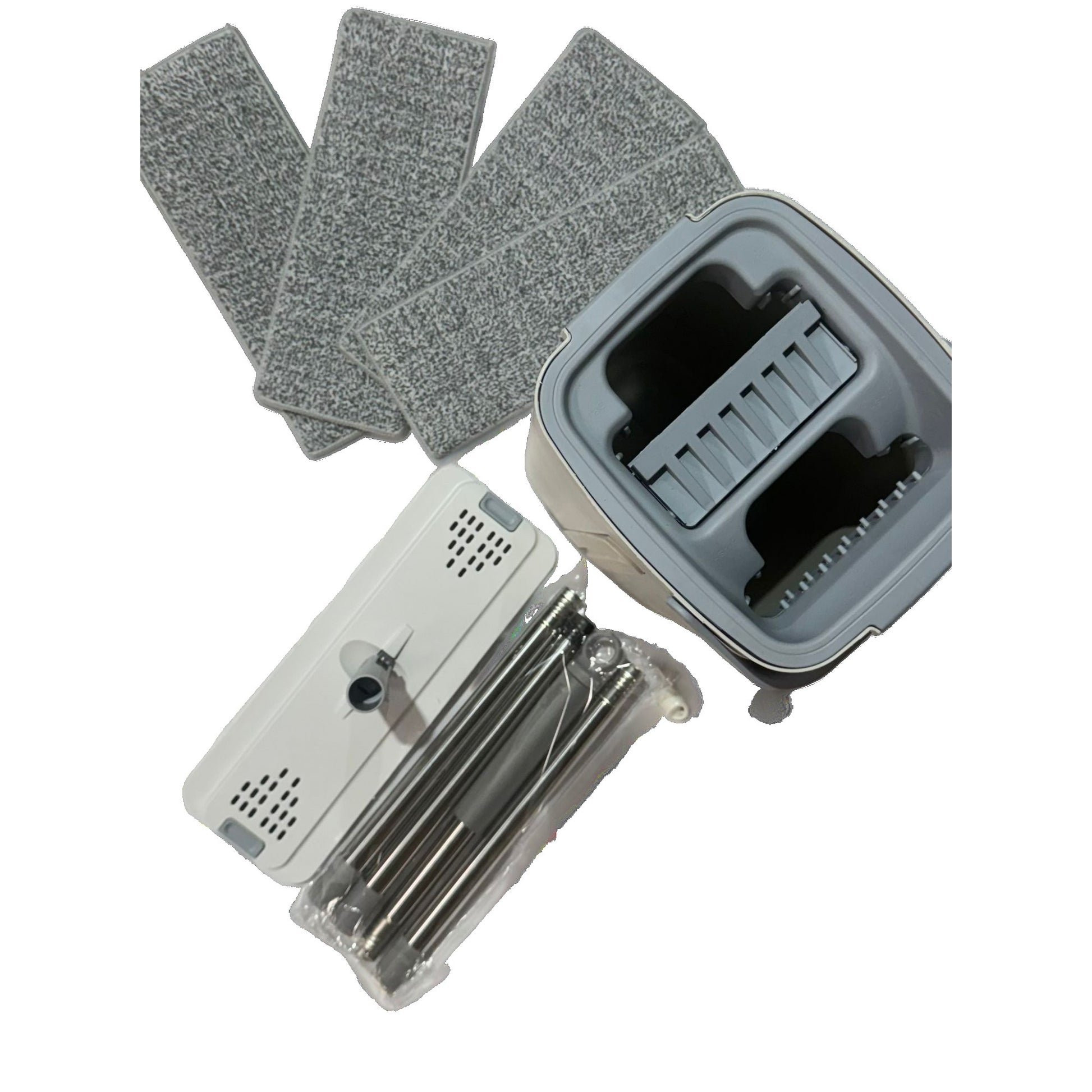 Set de Curatenie cu Mop Plat si Galeata, Stoarcere Fara Maini si Rotire 360 Grade, Tija Inox Telescopica, Plastic si Microfibra, 5.7 l, 4 Rezerve Incluse, Albastru/Alb
