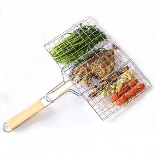 Gratar pentru Peste si Carne, Grila Dubla cu Maner Ergonomic, Otel Inoxidabil, Design Portabil pentru Camping, Suprafata Utila 32x19 cm, Argintiu