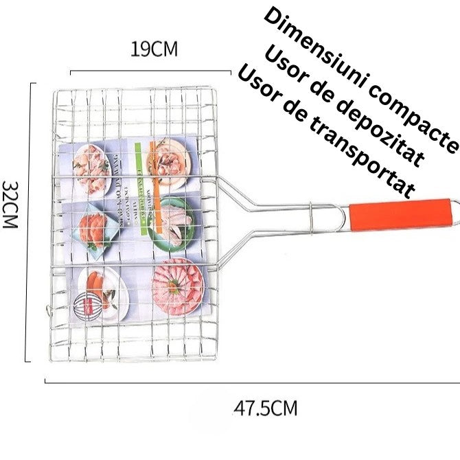 Gratar pentru Peste si Carne, Grila Dubla cu Maner Ergonomic, Otel Inoxidabil, Design Portabil pentru Camping, Suprafata Utila 32x19 cm, Argintiu