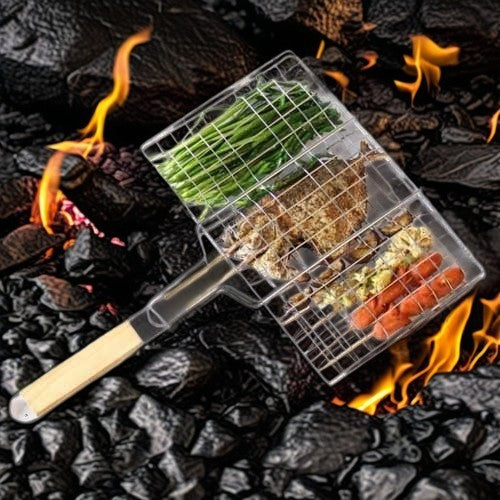 Gratar pentru Peste si Carne, Grila Dubla cu Maner Ergonomic, Otel Inoxidabil, Design Portabil pentru Camping, Suprafata Utila 32x19 cm, Argintiu