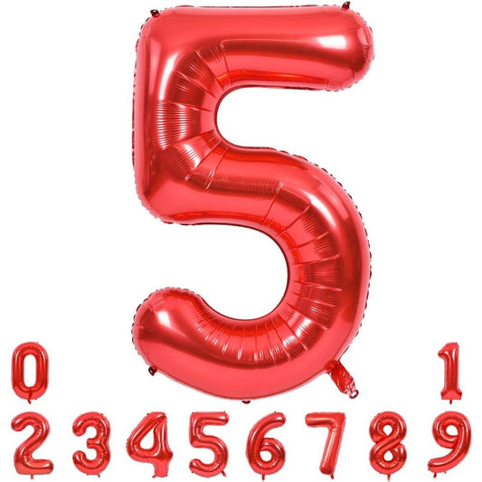 Balon Aniversar Cifra 5, Figurina Gigant pentru Petrecere, Umflare Aer sau Heliu, Folie de Aluminiu, 100 cm, Rosu, cu Pai Inclus