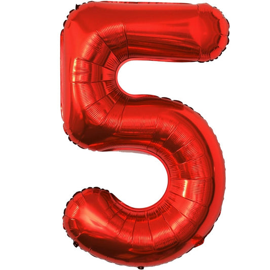 Balon Aniversar Cifra 5, Figurina Gigant pentru Petrecere, Umflare Aer sau Heliu, Folie de Aluminiu, 100 cm, Rosu, cu Pai Inclus