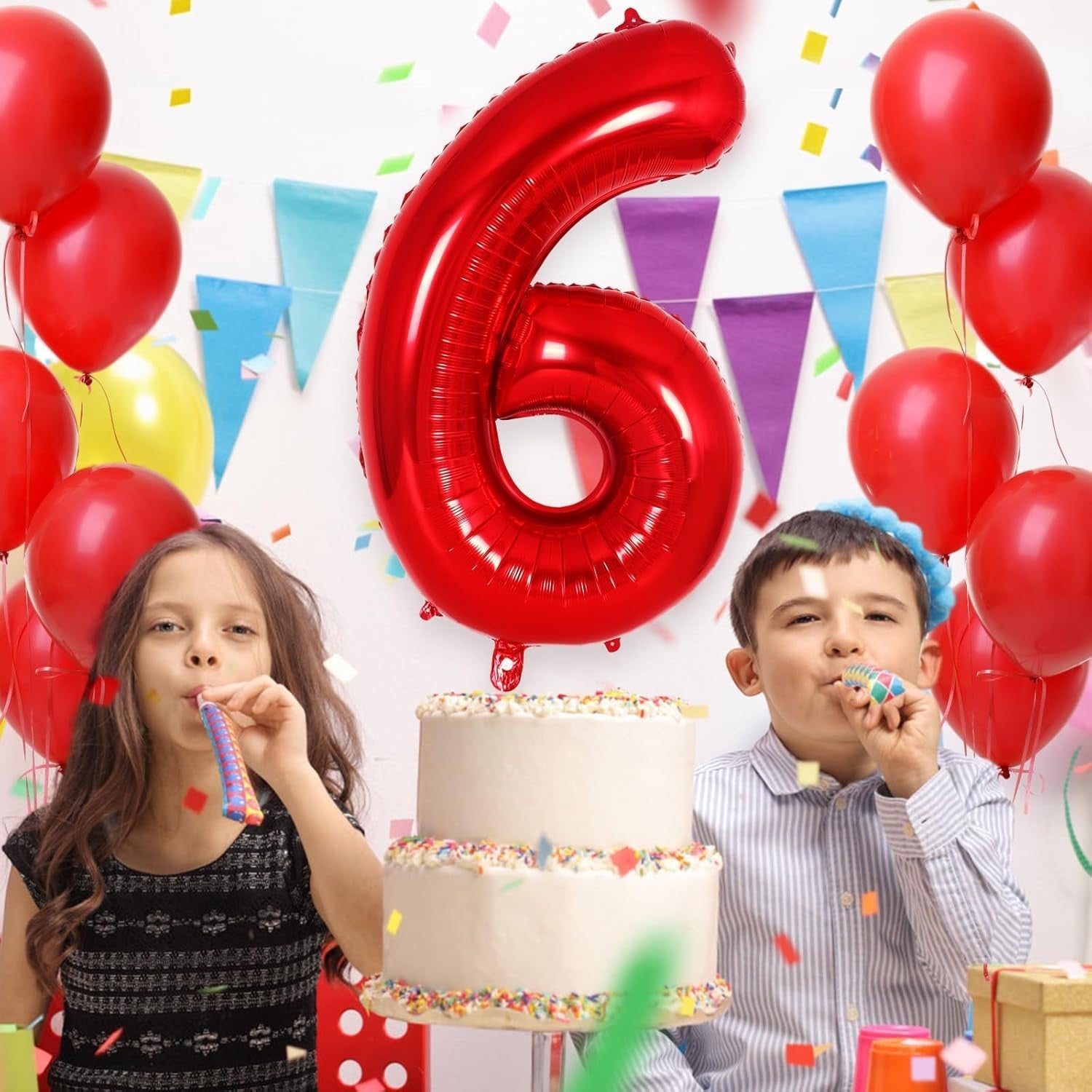 Balon Aniversar Cifra 6, Figurina Gigant din Folie de Aluminiu, Umflare Aer sau Heliu, Pai Inclus, Rosu, 100 cm