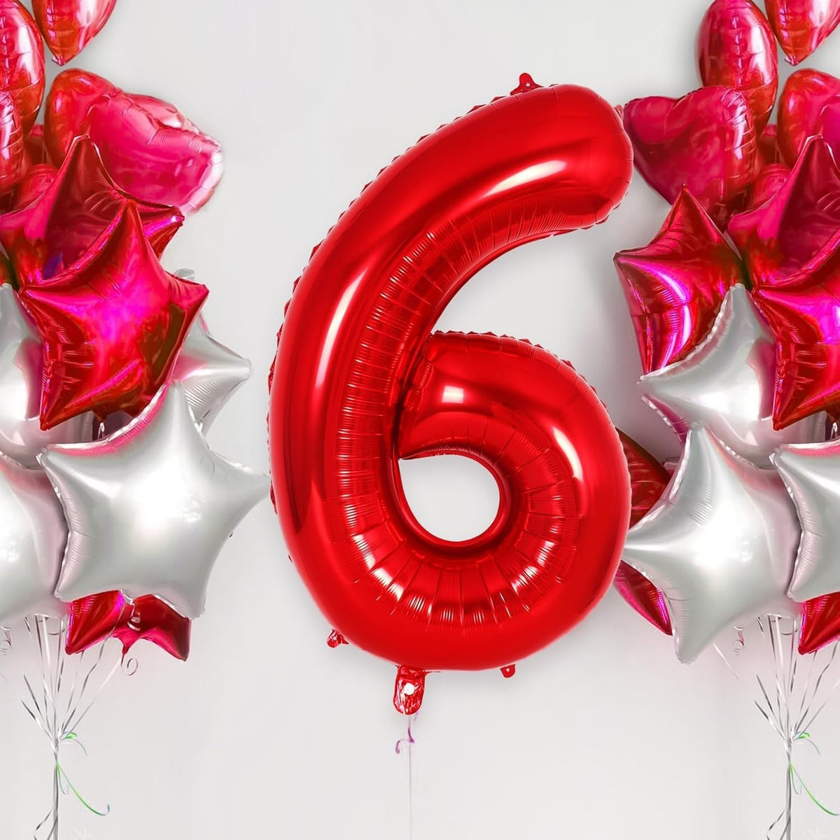 Balon Aniversar Cifra 6, Figurina Gigant din Folie de Aluminiu, Umflare Aer sau Heliu, Pai Inclus, Rosu, 100 cm