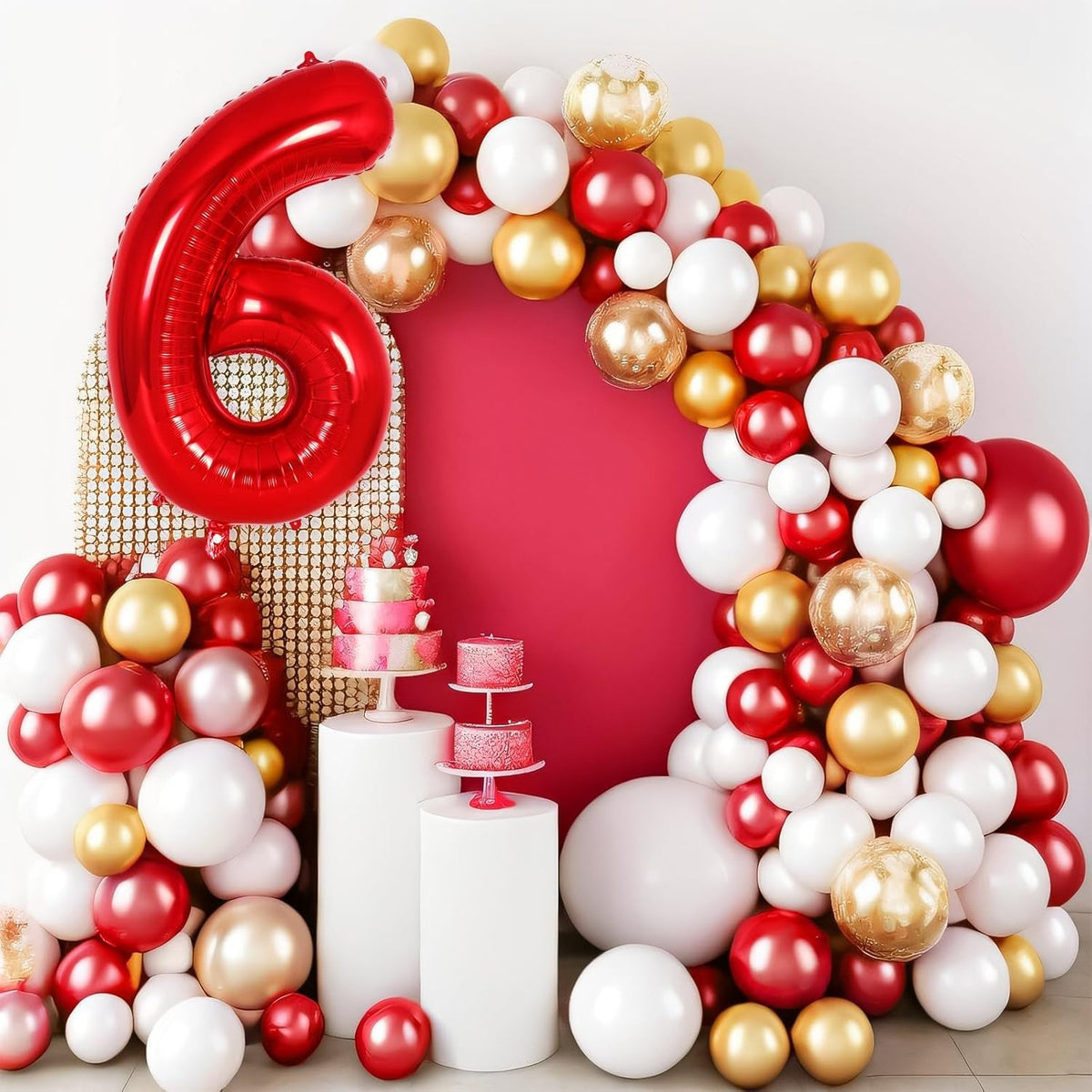 Balon Aniversar Cifra 6, Figurina Gigant din Folie de Aluminiu, Umflare Aer sau Heliu, Pai Inclus, Rosu, 100 cm