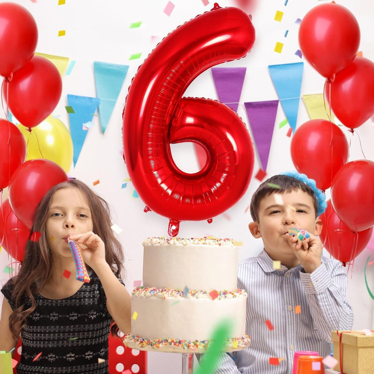 Balon Aniversar Cifra 6, Figurina Gigant din Folie de Aluminiu, Umflare Aer sau Heliu, Pai Inclus, Rosu, 100 cm
