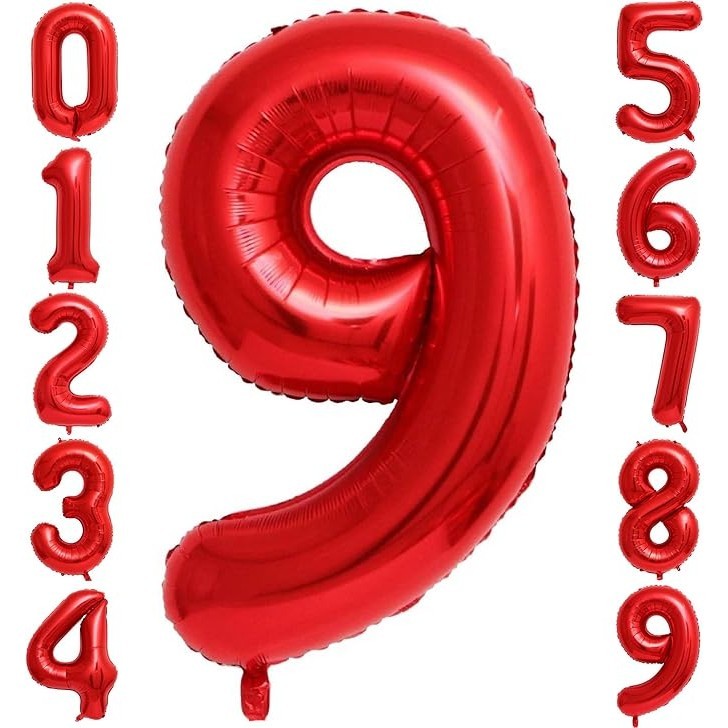 Balon Aniversar Cifra 9, Figurina Gigant 100 cm, Umflare Aer sau Heliu, Folie Metalizata, Pai Inclus, Rosu