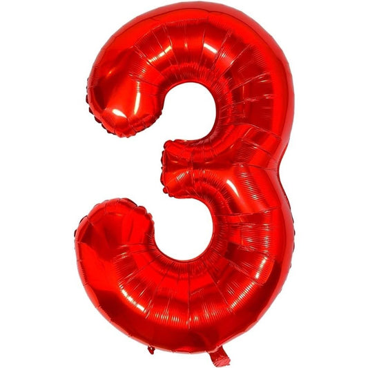 Balon Aniversar Cifra 3, Figurina din Folie Metalizata, Umflare cu Aer sau Heliu, Include Pai, 100 cm, Rosu