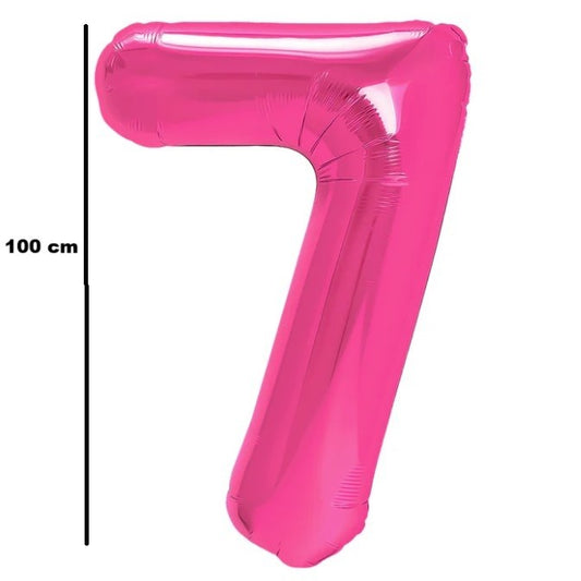 Balon Figurina Cifra 7, Balon Aniversar din Folie Metalizata, Umflare Aer sau Heliu, Include Pai, 100 cm, Roz
