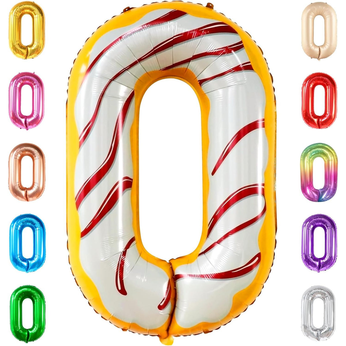 Balon Aniversar Cifra 0, Figurina din Folie Metalizata, Imprimeu Gogosi Candy Bar, Umflare Aer sau Heliu, 100 cm, Multicolor, Pai Inclus