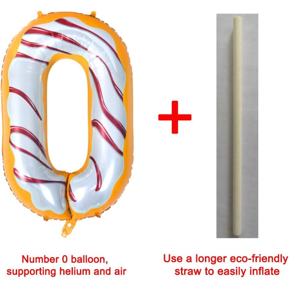 Balon Aniversar Cifra 0, Figurina din Folie Metalizata, Imprimeu Gogosi Candy Bar, Umflare Aer sau Heliu, 100 cm, Multicolor, Pai Inclus