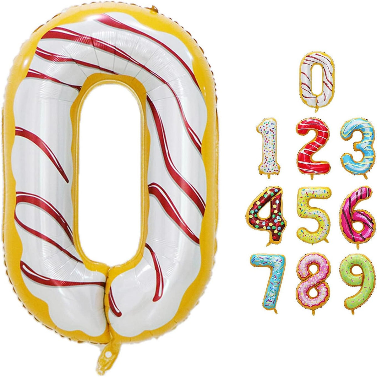 Balon Aniversar Cifra 0, Figurina din Folie Metalizata, Imprimeu Gogosi Candy Bar, Umflare Aer sau Heliu, 100 cm, Multicolor, Pai Inclus