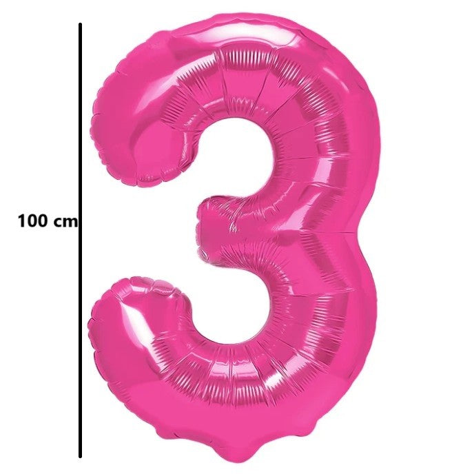 Balon Aniversar Cifra 3, Figurina Gigant din Folie Metalizata, Compatibil cu Aer sau Heliu, include Pai Umflare, Roz, 100 cm