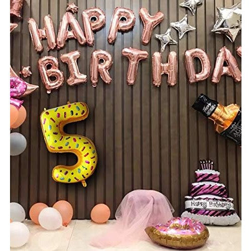 Balon Aniversar Cifra 5, Figurina Gigant cu Imprimeu Gogosi, Folie Metalizata, Umflare Aer sau Heliu, 100 cm, Multicolor