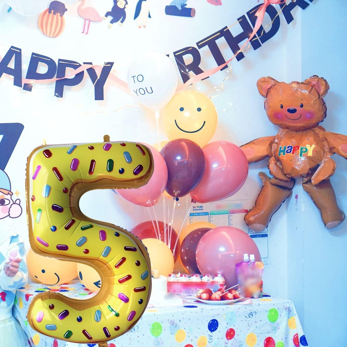 Balon Aniversar Cifra 5, Figurina Gigant cu Imprimeu Gogosi, Folie Metalizata, Umflare Aer sau Heliu, 100 cm, Multicolor